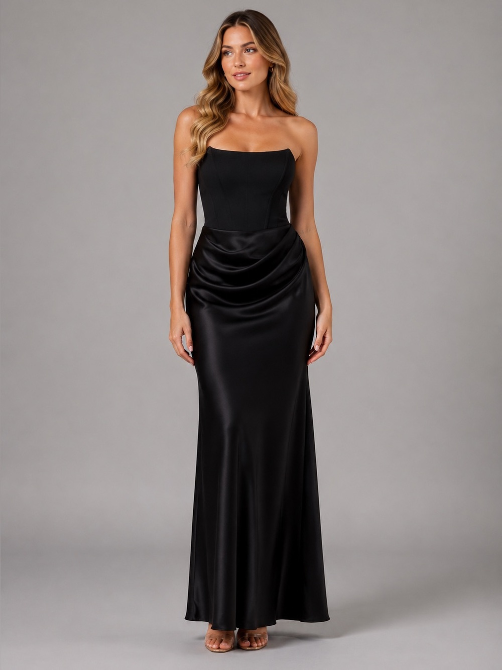 Betsy and Adam Strapless Mixed Media Gown B430
